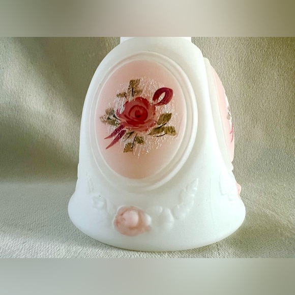 Vintage Fenton Satin Glass Hand-Painted Bell | White Floral Roses | Signed | 6” - Picture 2 of 5